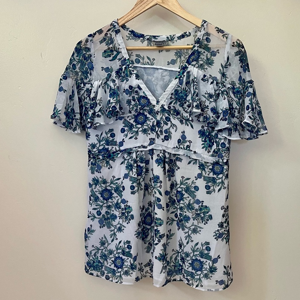 A Pea in the Pod Blue Floral Ruffle Blouse